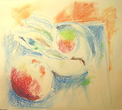 Apples and saucer by Roger Dennis, Drawing, Pastel on Paper