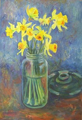 Daffodils in kilner jar by Roger Dennis, Painting, Acrylic on paper