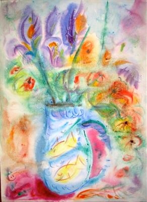 Flowers and Fishjug 2 by Roger Dennis, Painting, Watercolour on Paper