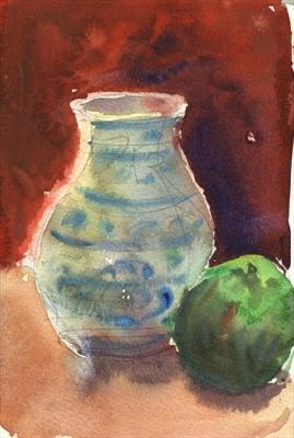Pot and Apple by Roger Dennis, Painting, Watercolour on Paper