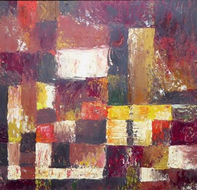 Red Block Abstract by Roger Dennis, Painting, Oil on Board