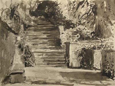 Steps in Dartington Hall Gardens by Roger Dennis, Drawing, Indian ink wash and line